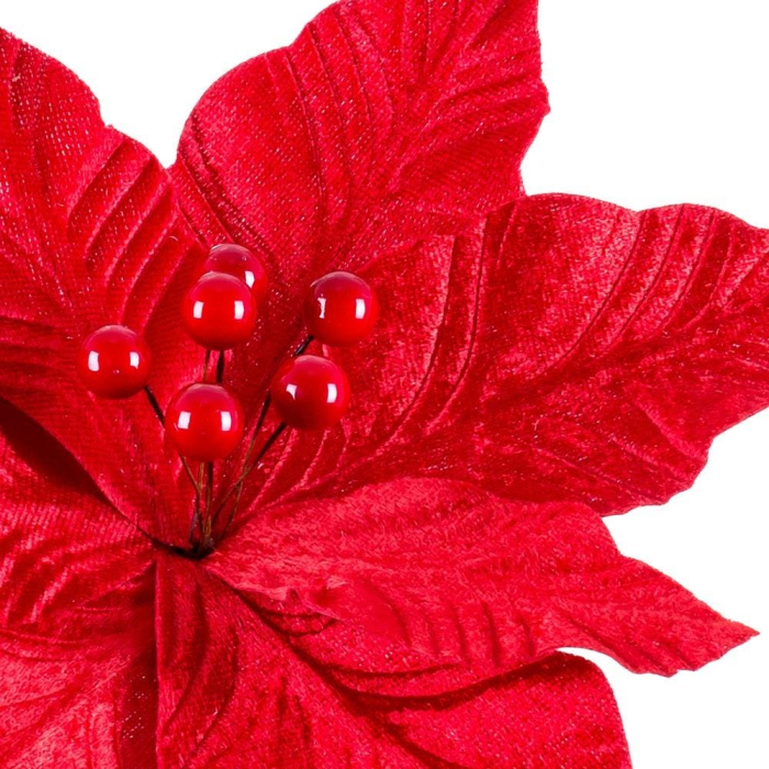 Set 12 flori poinsettia roșii din textil cu petale mari cu aspect de catifea bobițe roșii și tijă [2]