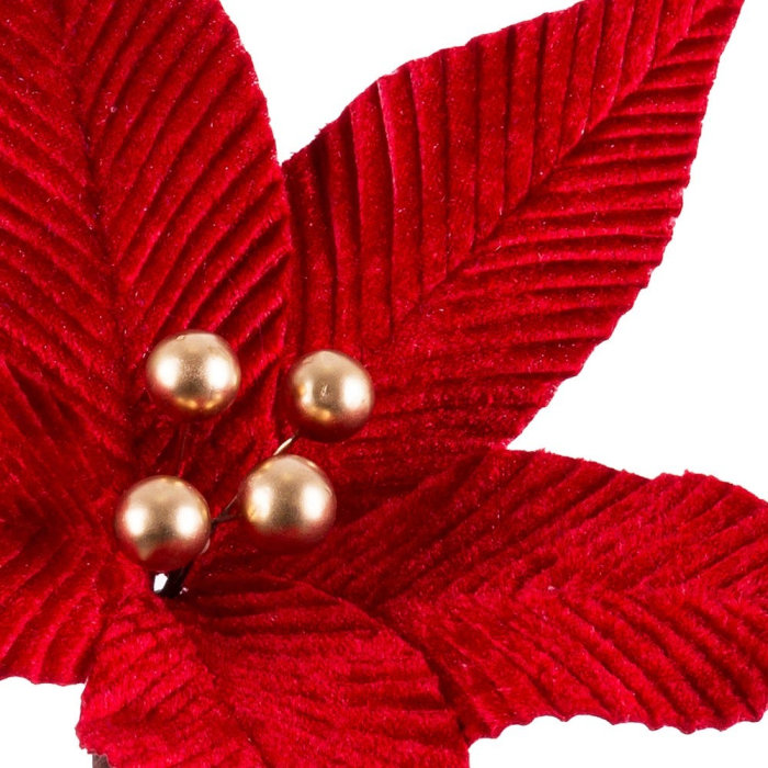 Set 12 flori poinsettia roșii din textil cu cinci petale cu aspect de catifea și patru perle aurii [2]
