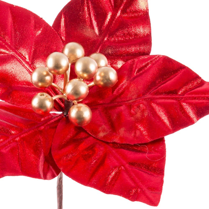 Set 12 flori poinsettia roșii din textil cu cinci petale lucioase și ciorchine de bobițe aurii [2]