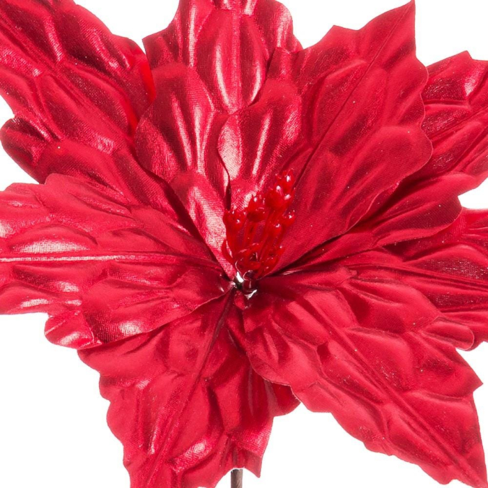 Set 12 flori poinsettia roșii metalizate din textil cu petale mari lucioase miez de stamine roșii și tijă [2]