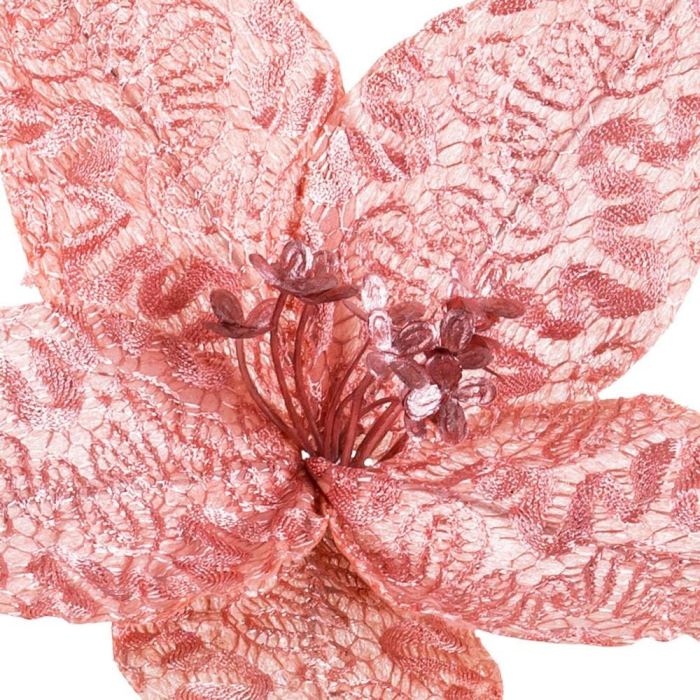 Set 12 flori poinsettia roz antic cu clemă din textil cu desen în relief și bobițe în ton [2]