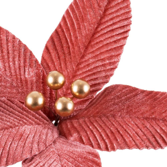 Set 12 flori poinsettia roz din textil cu cinci petale cu aspect de catifea și patru perle aurii [2]