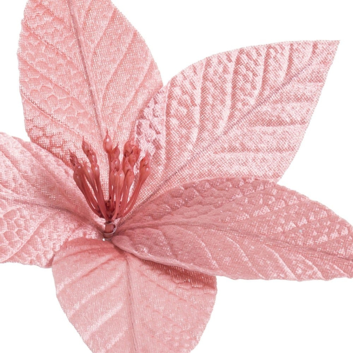 Set 12 flori poinsettia roz pudrat cu clemă din textil cu petale nervurate miez de stamine roșii [2]