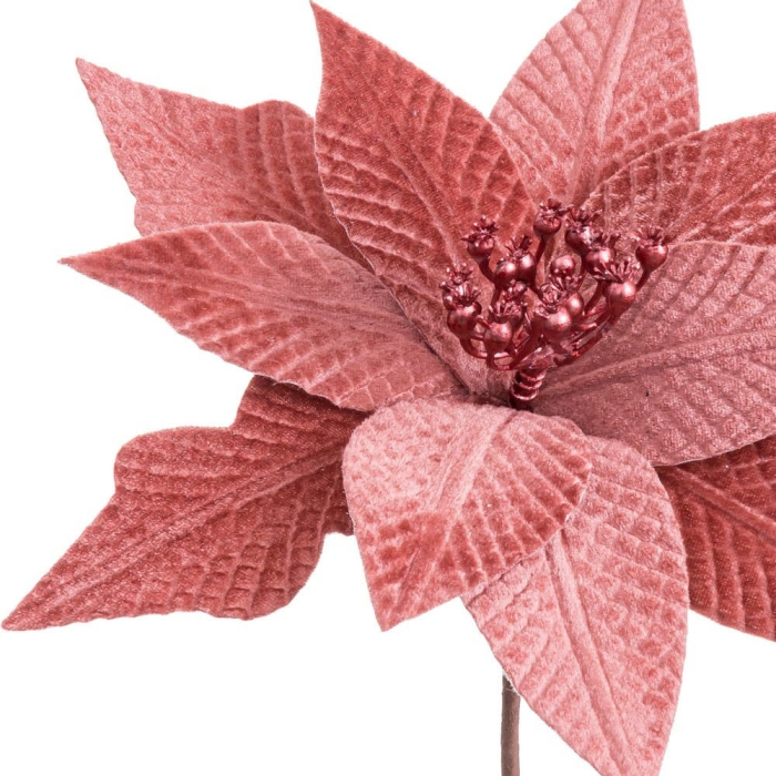 Set 12 flori poinsettia roz somon din textil cu petale texturate bobițe roșii în centru și tijă flexibilă [2]