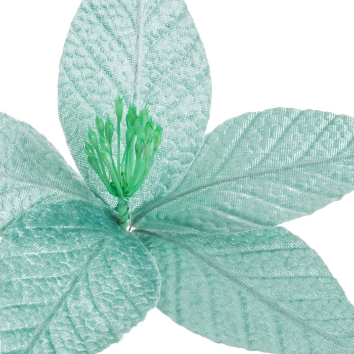 Set 12 flori poinsettia verde mentă cu clemă din textil cu petale nervurate miez de stamine verzi [2]