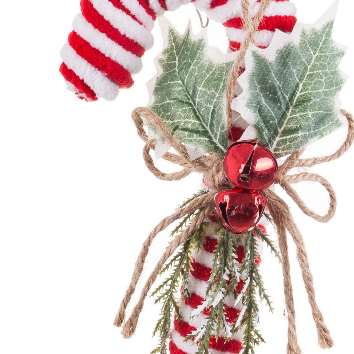 Set 12 ornamente baston în dungi roșu cu alb cu frunze de ilex clopoțel și șnur de iută [2]