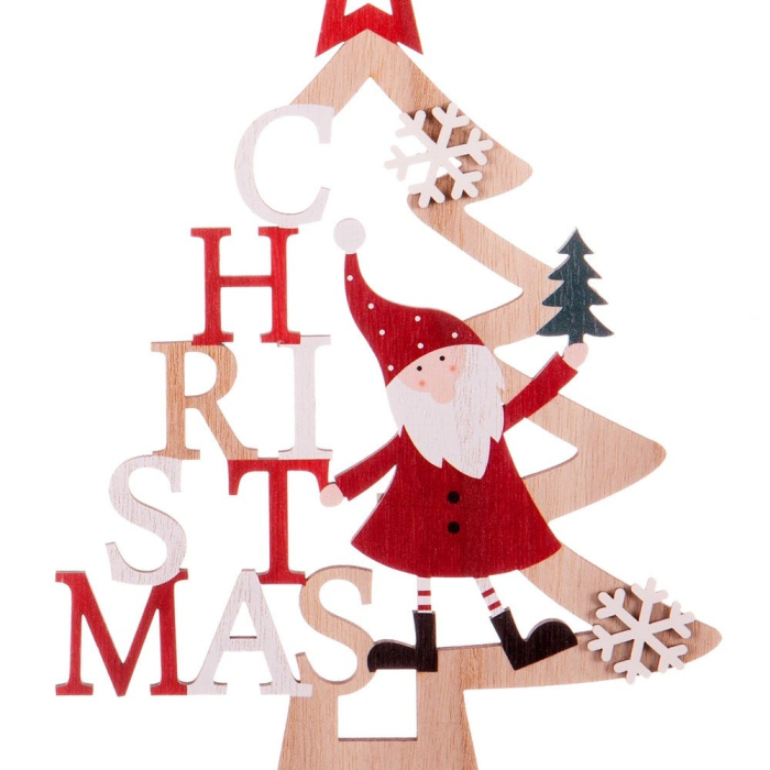 Set 12 ornamente brad din lemn cu literele CHRISTMAS pe verticală spiriduș cu căciulă roșie și fulgi albi [2]