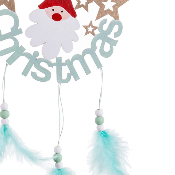 Set 12 ornamente coroniță Merry Christmas din lemn roz sau verde mentă cu Moș Crăciun stele și pene [2]