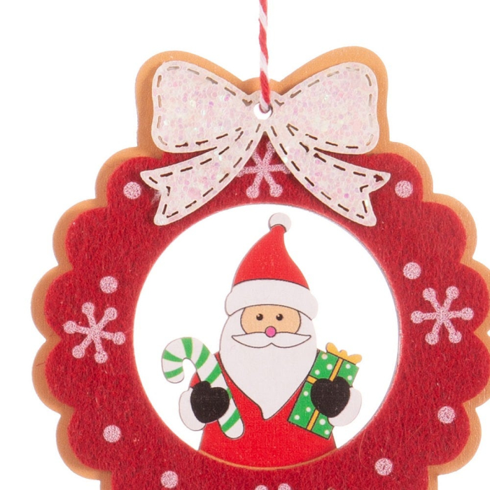 Set 12 ornamente coroniță roșie festonată din lemn cu Moș Crăciun cu baston și fundă albă cu sclipici [2]