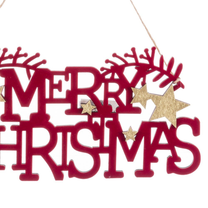 Set 12 ornamente cu urarea Merry Christmas din lemn îmbrăcat în catifea roșie cu stele aurii [2]