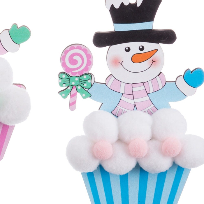 Set 12 ornamente cupcake din lemn cu Moș Crăciun roz sau om de zăpadă albastru pe ponpoane albe [2]