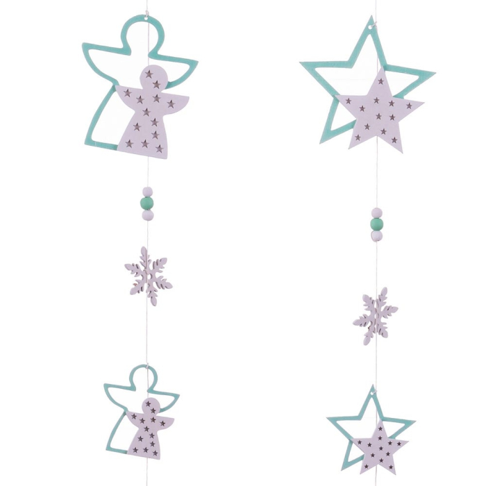 Set 12 ornamente ghirlandă verticală cu îngeri și stele din lemn verde mentă cu buline roz [2]