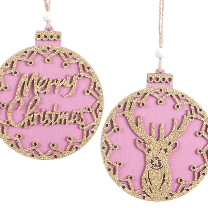 Set 12 ornamente glob roz din lemn cu chenar auriu urarea Merry Christmas sau cap de ren [2]