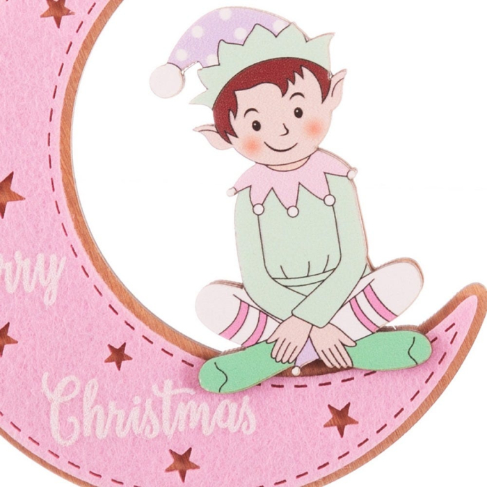 Set 12 ornamente lună roz din lemn cu spiriduș așezat în căciulă verde mentă și urarea Merry Christmas [2]