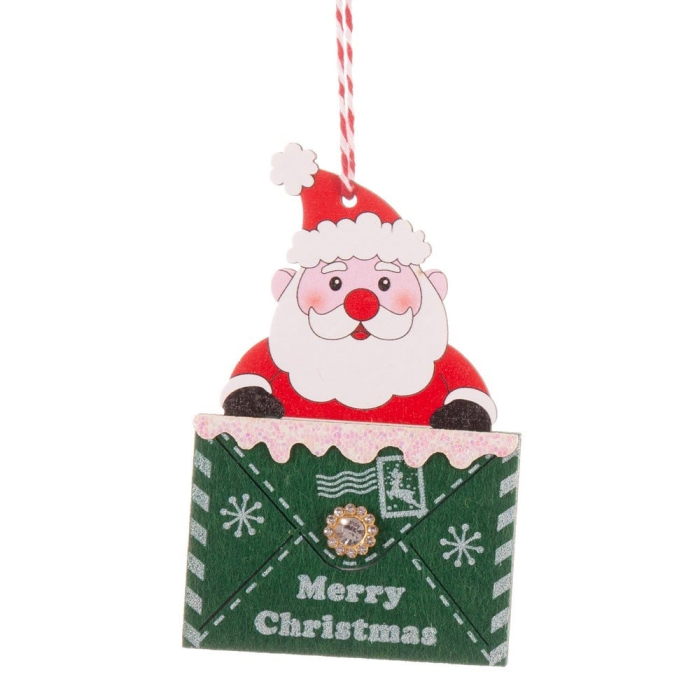 Set 12 ornamente Moș Crăciun ieșind din plic verde închis cu urarea Merry Christmas și nasture auriu [3]