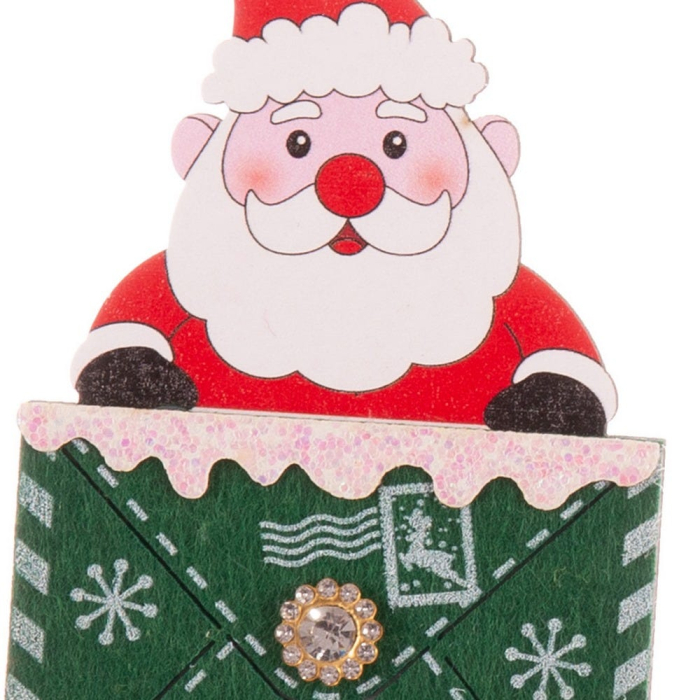 Set 12 ornamente Moș Crăciun ieșind din plic verde închis cu urarea Merry Christmas și nasture auriu [2]