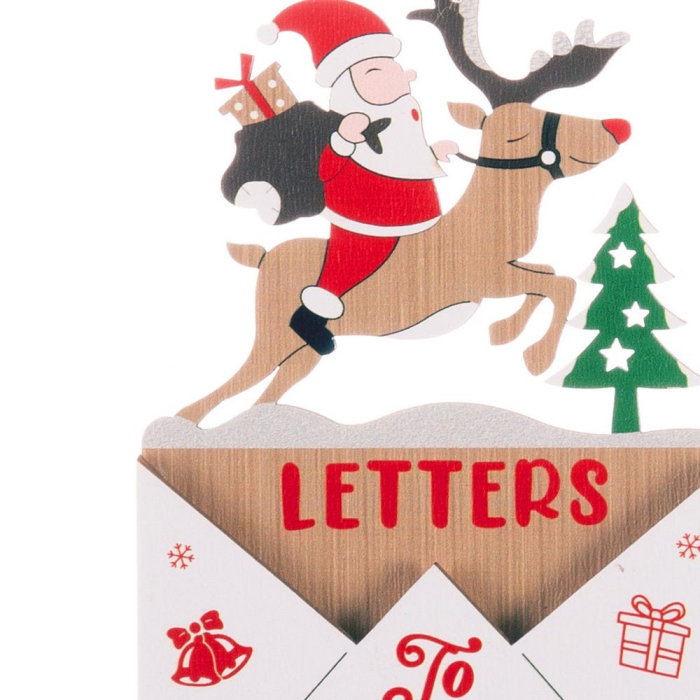 Set 12 ornamente Moș Crăciun pe ren zburând peste un plic alb cu inscripția Letters to Santa [2]