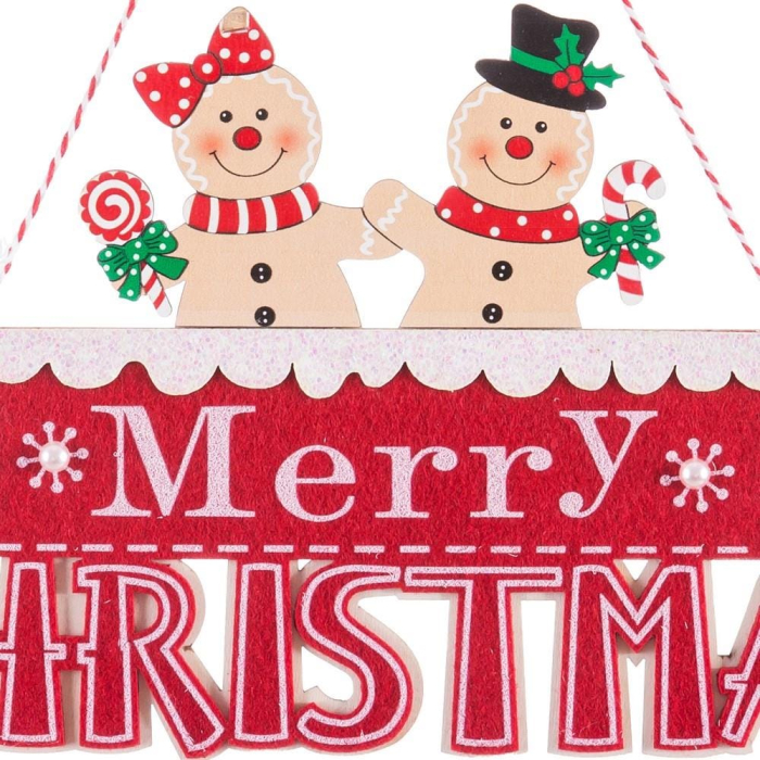 Set 12 ornamente omuleți de turtă dulce peste placa roșie Merry Christmas din lemn cu bastoane în dungi [2]
