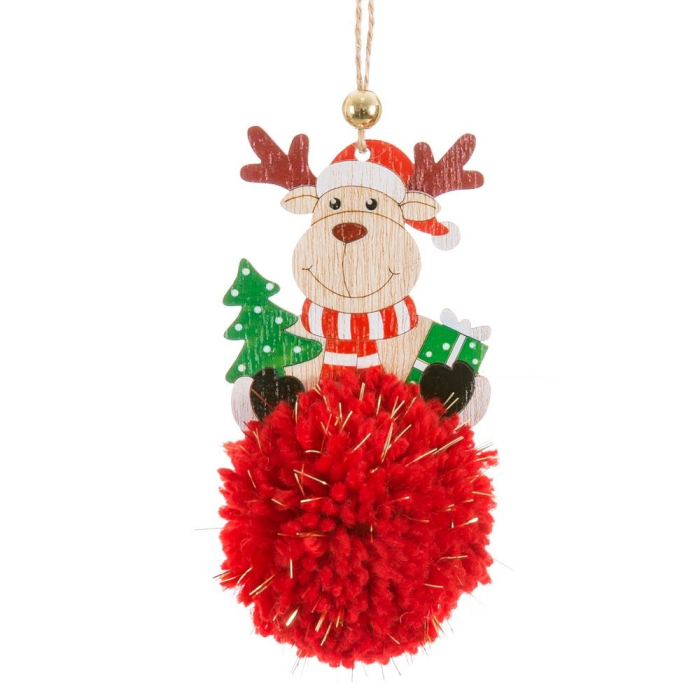 Set 12 ornamente ren sau Moș Crăciun din lemn pe ponpon roșu mare cu fir auriu [3]