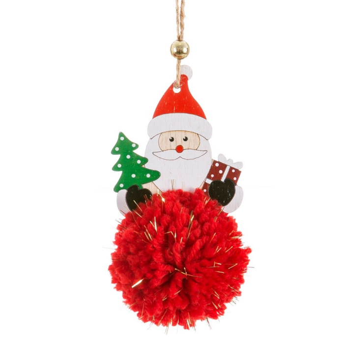 Set 12 ornamente ren sau Moș Crăciun din lemn pe ponpon roșu mare cu fir auriu [2]