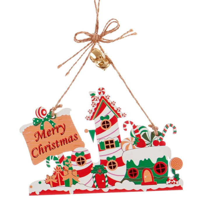 Set 12 ornamente scene de turtă dulce din lemn cu tren HO HO HO cană JOY sau casă [4]
