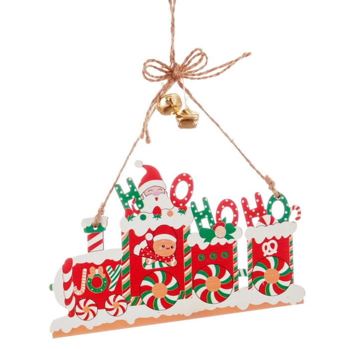Set 12 ornamente scene de turtă dulce din lemn cu tren HO HO HO cană JOY sau casă [3]