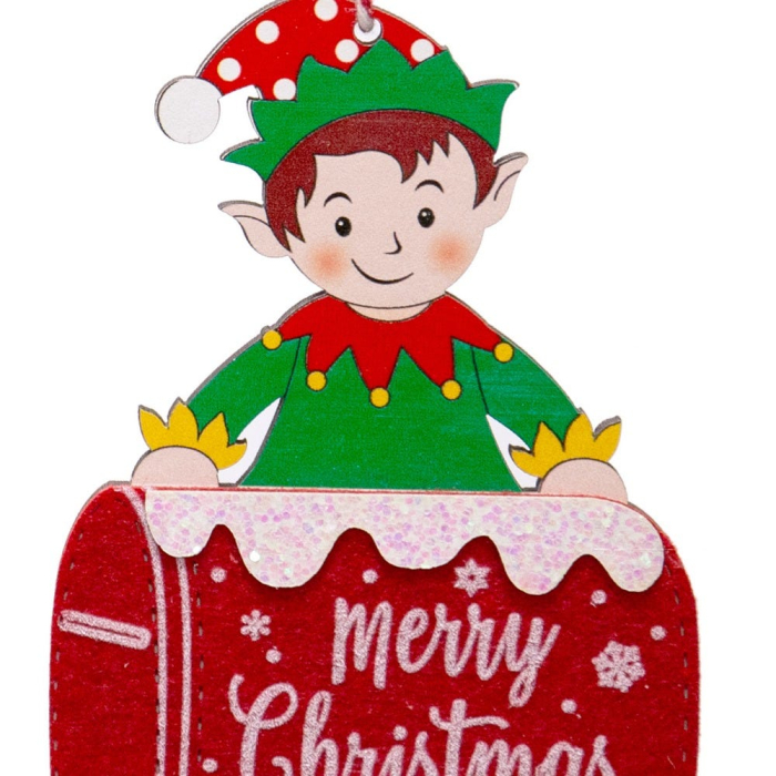 Set 12 ornamente spiriduș în cutie poștală roșie din lemn cu urarea Merry Christmas cu sclipici argintiu [2]