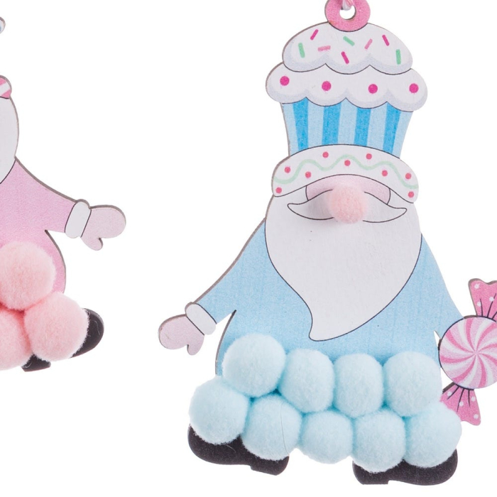 Set 12 ornamente spiriduși cu pălărie cupcake din lemn cu corp din ponpoane roz sau albastre [2]