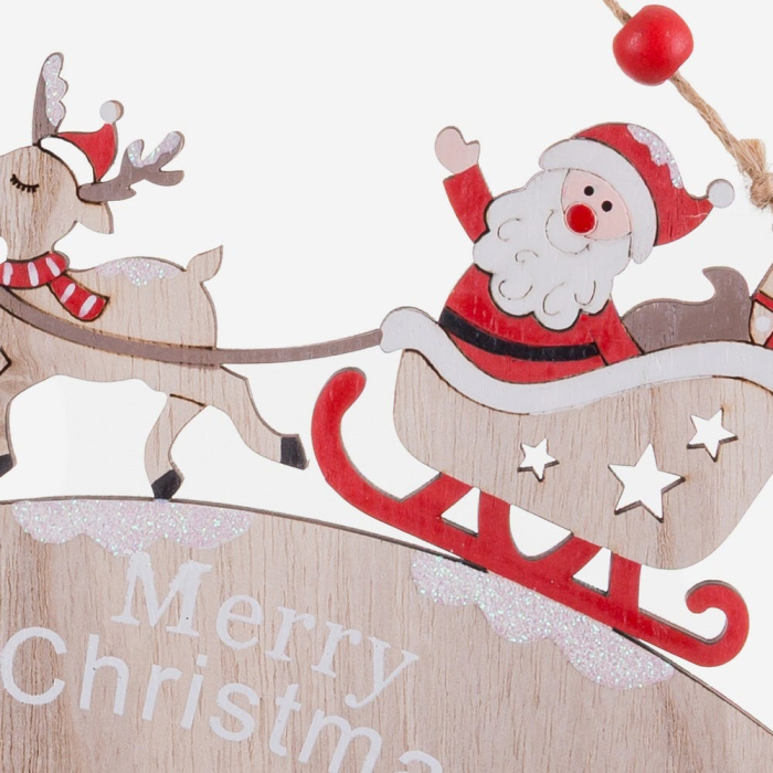 Set 12 ornamente stea căzătoare din lemn cu Moș Crăciun pe sanie trasă de ren și Merry Christmas [2]