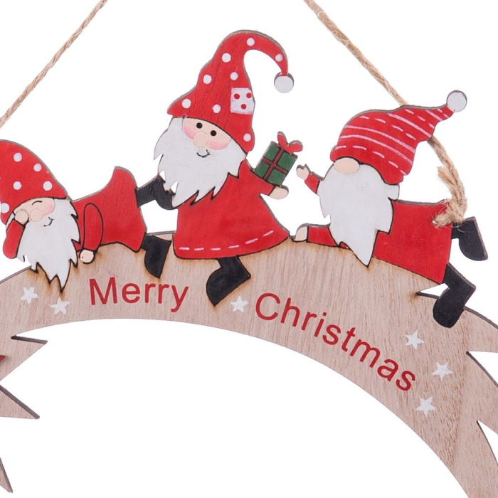 Set 12 ornamente stea căzătoare din lemn deschis cu trei spiriduși în căciuli roșii și urarea Merry Christmas [2]