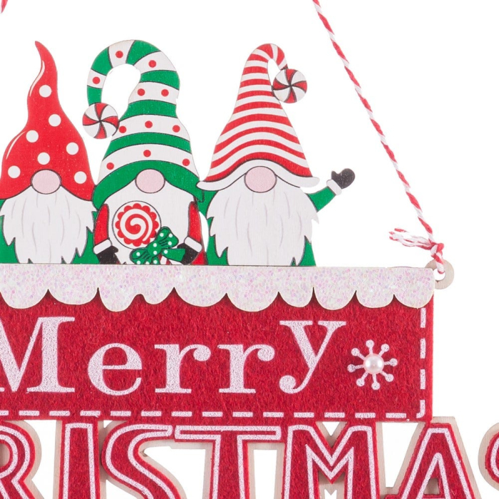 Set 12 ornamente trei spiriduși cu pălării cu buline peste placa roșie Merry Christmas din lemn [2]