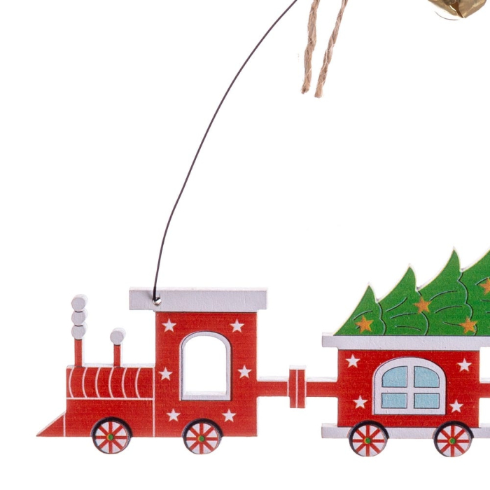 Set 12 ornamente tren roșu din lemn cu locomotivă vagoane încărcate cu brazi doi clopoței și fundiță [2]