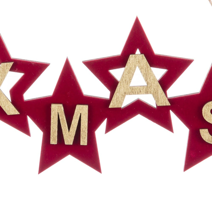 Set 12 ornamente XMAS din patru stele roșii de catifea cu litere aurii din lemn pentru agățat [2]