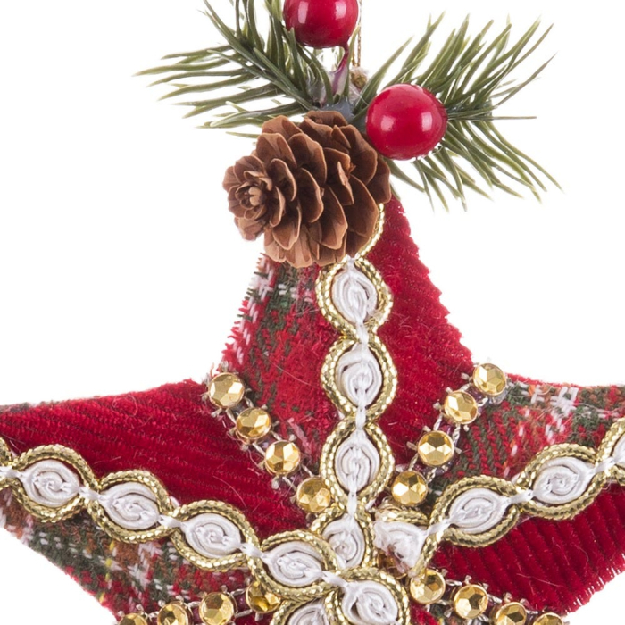 Set 12 stele de agățat din textil roșu în carouri cu broderie de perle și con de pin [2]