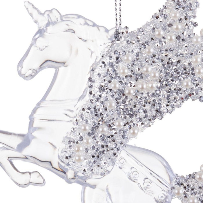 Set 12 unicorni transparenți cu aripă încărcată cu perle mici și sclipici argintiu pentru brad de Crăciun [2]
