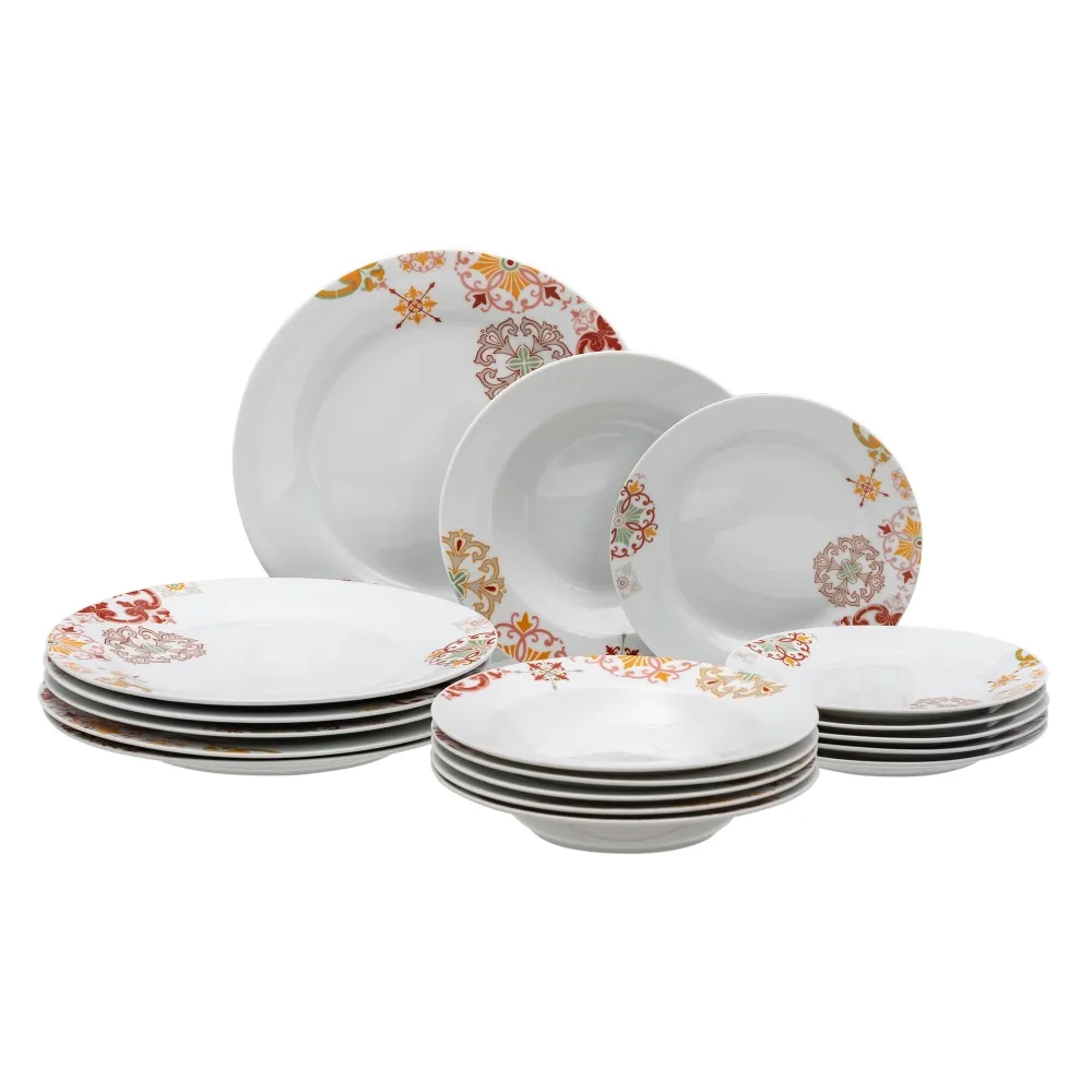 Set 18 Farfurii Portelan Alb Model Rosu Mustar - CreativDeco.ro [2]