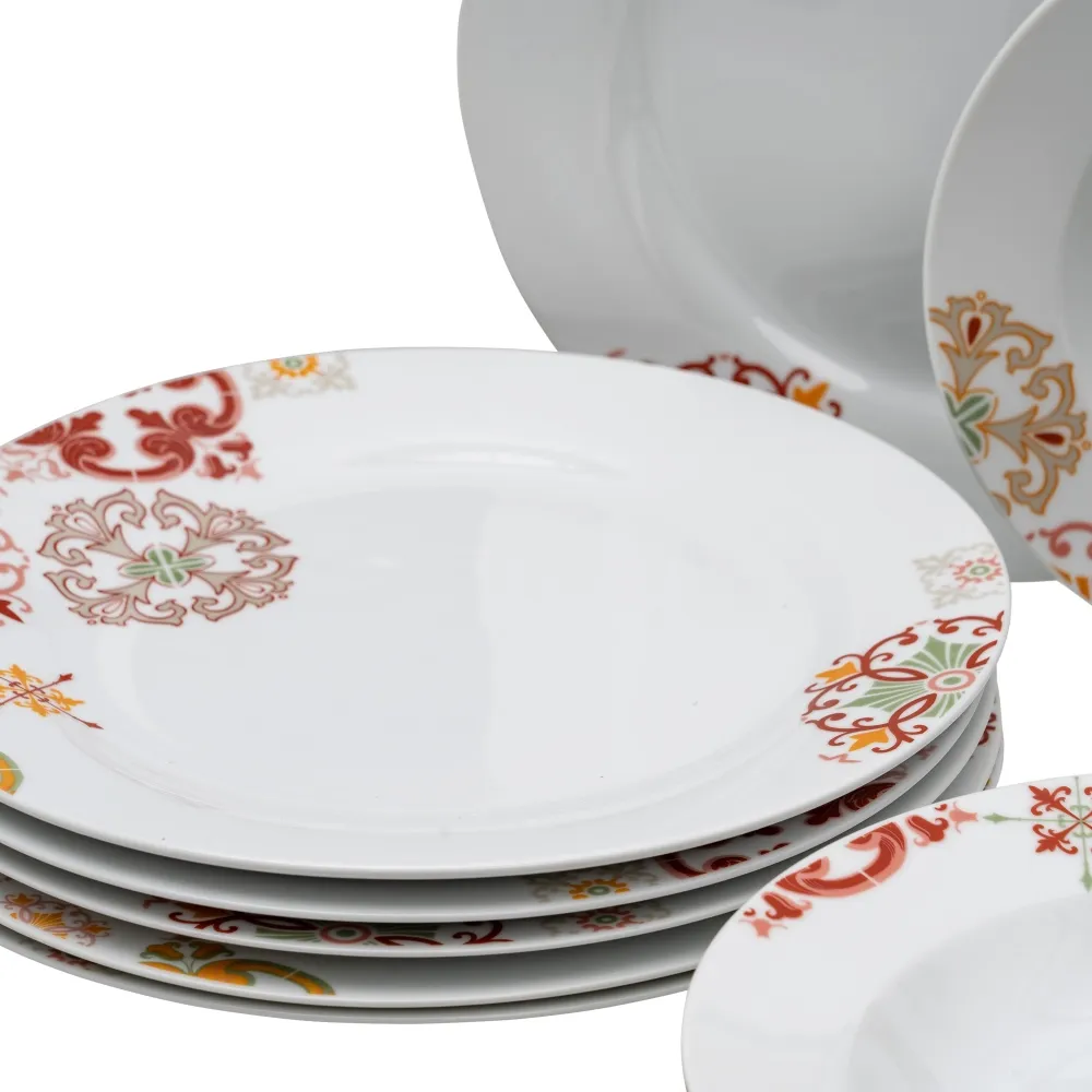 Set 18 Farfurii Portelan Alb Model Rosu Mustar - CreativDeco.ro [7]