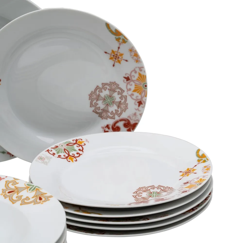 Set 18 Farfurii Portelan Alb Model Rosu Mustar - CreativDeco.ro [8]
