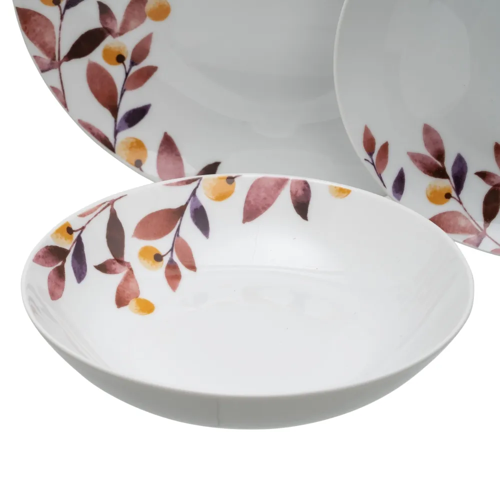 Set 18 Farfurii Portelan Albe Pictate cu Frunze - CreativDeco.ro [4]