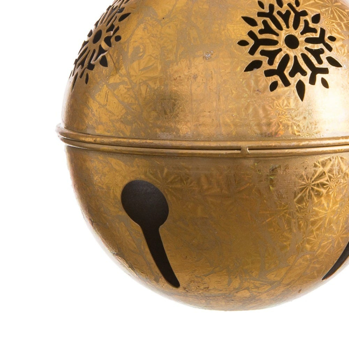Set 2 clopote jingle aurii din metal cu fulgi de zăpadă decupați patină veche crestătură și inel [2]