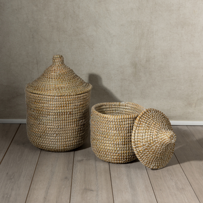 Set 2 coșuri fibră vegetală pvc alb cu capac [3]