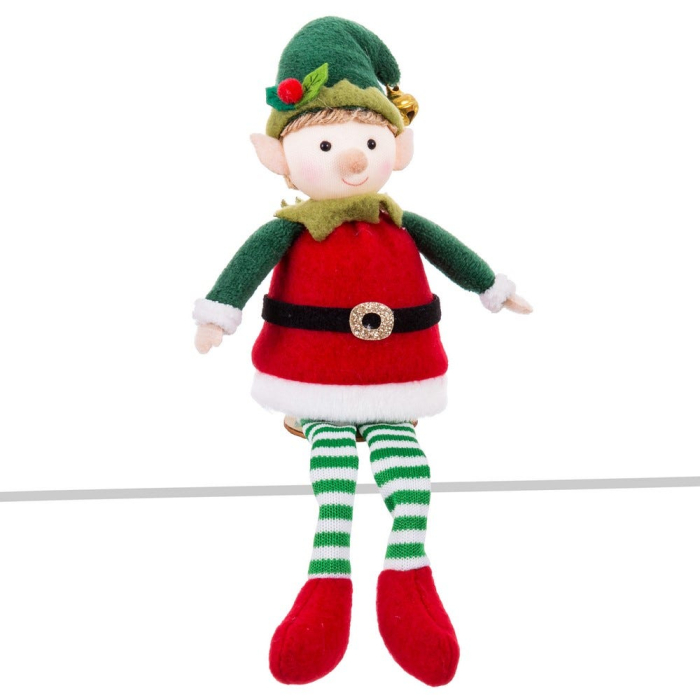 Set 2 elfi cu picioare lungi așezați din textil cu căciulă verde cu ilice și jachetă roșie [2]