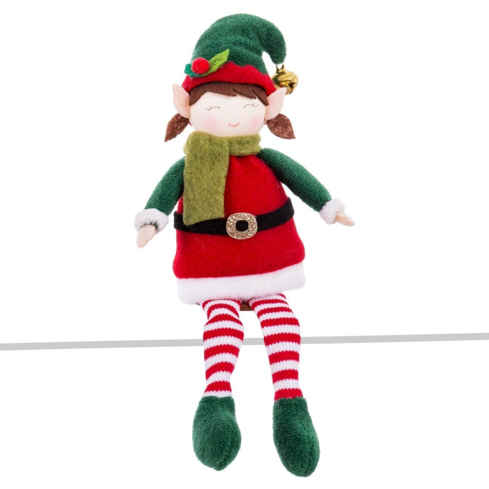 Set 2 elfi cu picioare lungi așezați din textil cu căciulă verde cu ilice și jachetă roșie [3]