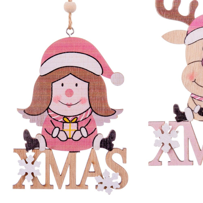 Set 2 figurine de agățat pe ușă cu fetiță și ren cu căciulă roz pe litere XMAS [2]