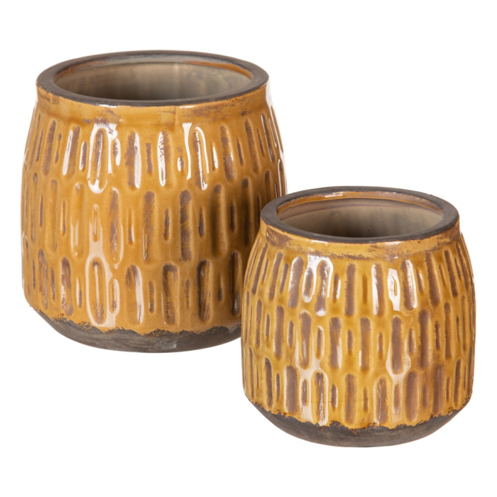 Set 2 ghivece decorative din ceramică muștar cu model liniar [2]