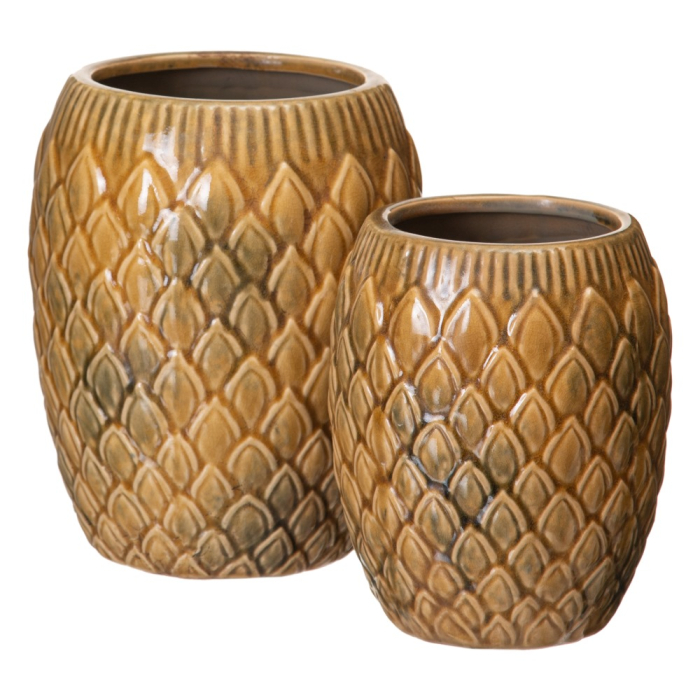 Set 2 ghivece decorative din ceramică muștar cu model solzi [3]