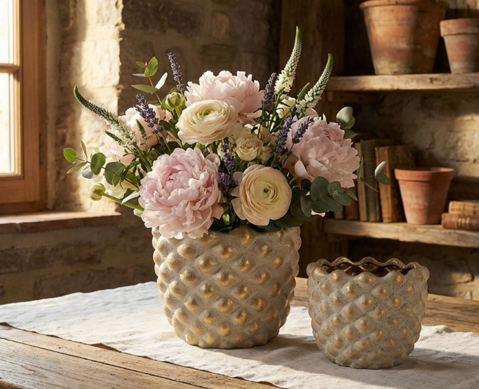 Titlu imagine principală: Set 2 ghivece decorative gri și auriu din ceramică cu textură geometrică reliefată [6]