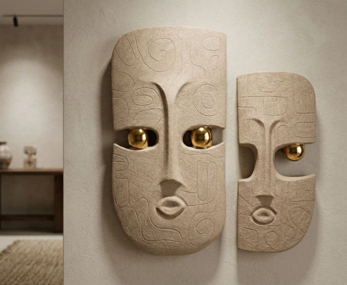 Set 2 măști decorative de perete din ceramică maro cu detalii aurii design tribal decorativ [6]