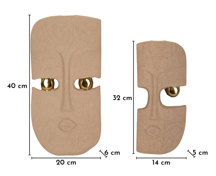 Set 2 măști decorative de perete din ceramică maro cu detalii aurii design tribal decorativ [7]