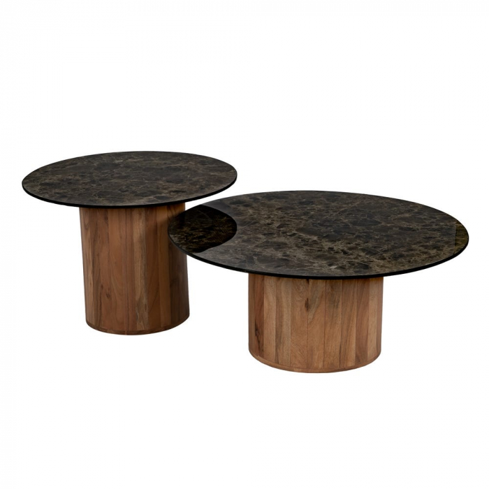 Set masute ceramica maro marmura si acacia, rotunde elegante [2]